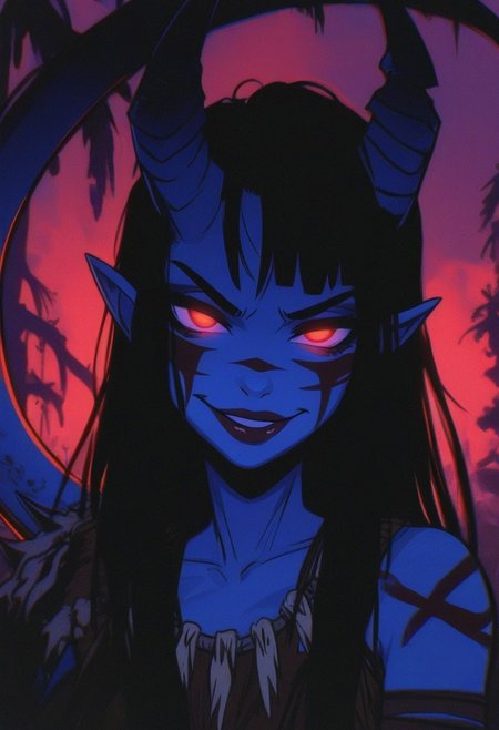 SPNGS, masterpiece, best quality, amazing quality, 1girl, portrait, beautiful, tiefling shaman, black hair, (long hair:1.3), side bangs, horns, barbarian, gladiator, war paint, tribal markings, long tail, blue skin, red lips, red eyes, glowing eyes, (smug:0.85), dramatic lights, detailed