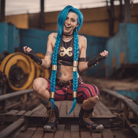 Grunge style cinematic photo a funny woman, full body,  laughs and blue hair and braids is posing for a picture <lora:Jinx1024-000260:0.8> . 35mm photograph, film, bokeh, professional, 4k, highly detailed . Textured, distressed, vintage, edgy, punk rock vibe, dirty, noisy