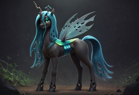 score_9, score_8_up, score_7_up, Artist:Dragk, BREAK,1girl, solo, cowboy shot,feral, pony, mare, Queen Chrysalis, standing, bug thighs, eye lashes, stable, dark, (seductive smile),(((side_view,full_body)))
