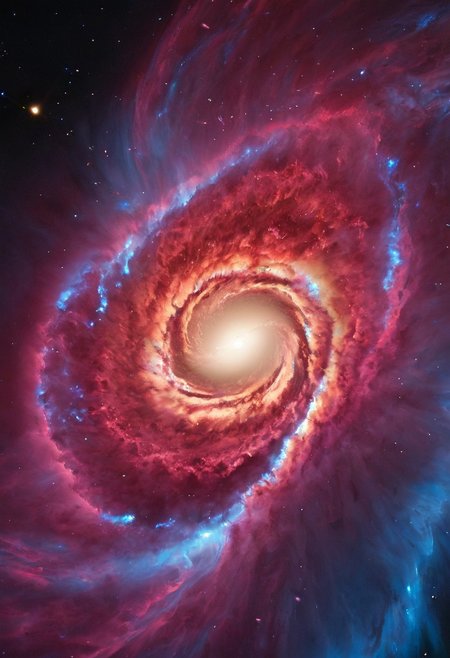 a dynamic and breathtaking image of the universe with vibrant colors and dramatic lighting. Show a swirling nebula in the foreground with bright, intense hues of blue, purple, and pink. In the background, depict a distant galaxy with spiraling arms and scattered stars. Include a supernova explosion, radiating brilliant light, and a mesmerizing black hole at the center, with cosmic debris swirling around it. Add a hint of distant planets and asteroids to create a sense of scale and depth. Make the entire scene feel alive and constantly in motion.