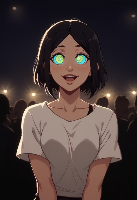 score_9, score_8_up, score_8_up, raw, 
tsato, black hair, short hair, mole under eye, white t-shirt, black shorts,
arcan3styl3v1, blurry background, depth of field, indoors, night club, crowd, blurry crowd, colored lighting, strobe lights, lasers, neon, screens, cowboy shot, kneeling, mouth open, wide eyes, ((kaa eyes)), (goofy smile:0.6),
43stl1ght1ng, low light, dramatic lighting, darkness,