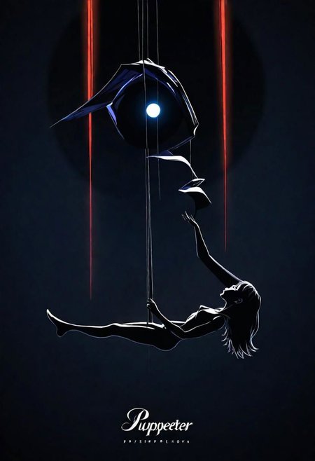 Generate an illustration of an anime puppeteer manipulating shadows and strings, symbolizing the art of puppeteer moves in dark psychology. The figure should have a mysterious aura., poster, typography, vibrant, cinematic, photo, 3d render