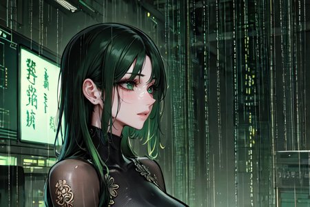 highly insanely detailed, masterpiece, top quality, best quality, highres, 4k, 8k, RAW photo, (very aesthetic, beautiful and aesthetic), ancient japanese cyberpunk, ancient chinese cyberpunk, 
1girl, solo, 
rainy,pure green background,transparent background, 
<lora:two_side_up-1.0:0>âââ