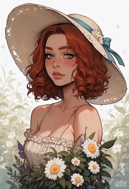 score_9, score_8_up, score_7_up, aesthetic, close-up, volumetric lighting, blushing, perfect eyes, female, best quality, high detailed, 
1 girl, petite redhead female 22 years, freckled face, curly hair, wearing a floral dress, standing in a meadow, wildflowers around, holding a sunhat, bright sunny weather