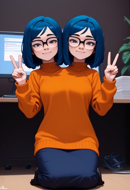 score_9_up, score_8_up, score_7_up, source_anime, blue hair, short hair, glasses, orange sweater, shorter female <lora:Mina_Beff:1>, double v sign, kneeling, office girl, monster girl with twoheads, medium hair, freckles, 2heads, extra arms, serpentine, outdoors, in a cubicle, office, stationery, trees, black scales, computer, <lora:lowlight:.5>, night, Lam1a:2, scales, snake tail, lamia, (((black snake)))