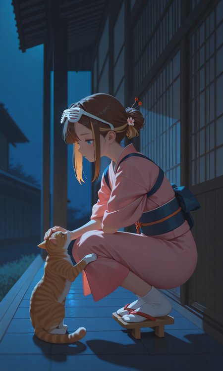 embedding:IllusP0s, g00se, no lineart, 1girl, solo, night, indoors, brown hair, blonde highlights, asymmetrical bangs, sidelocks, hairpin, hair ornament, blue eyes, pink kimono, tasuki, obi, eyewear on head, shutter shades, contrast lighting, outdoors, night, socks, geta, side view, petting cat, tabby cat, crouching,<lora:g00se_v3_ill.safetensors:1.0:1.0>