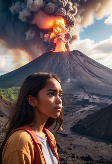 shot from the inside of a volcano: a beautiful 20yo hawaiian girl stares into the caldera of an erupting volcano, dramatic. Analog Color Theme, Lo-Fi Hip Hop , retrospective, flat, 2.5D,