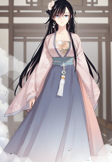 zPDXL3, score_9_up, score_8_up, score_7_up, (Anime_source),Masterpiece,(perfect female body:1.2), small waist, (incredibly detailed:1.4), slim, beautiful fingers, beautiful white skin, Beautiful clear skin, (large breasts:1.4)  looking at viewer, big breasts,  nayerin, 1girl, black hair, pink hair, multicolored hair, blue eyes, long hair, hair ornament <lora:Na_Yerin_-_Masters_of_Lightning_Knives-Kaleid_PONY:0.9>, hair flowers, expressionless, chinese clothes, (facing viewer:1.5) standing, long dress