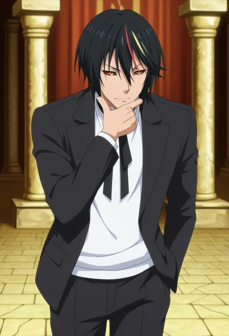 masterpiece, best quality, intricate details, anime screencap, anime coloring, official style,, 1boy, solo, male focus, <lora:diablo_tensura_ilxl:0.9>, diablo_tensura, black hair, yellow eyes, multicolored hair, streaked hair, red hair, hair between eyes, colored sclera, black jacket, black ribbon, white shirt, black pants, ancient roman senate, stone columns, flickering torches, political debates, listening pose, attentive expression, warm torchlight, Mosaic Linen DustyRose Ski pants, Silk Checkered PlumPurple Half-zip sweater, , ,