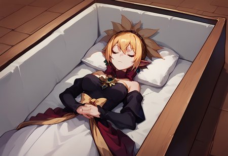 score_9,score_8_up,score_7_up,score_anime,landscape,rozalin,blonde hair,church,deceased_portrait_in_coffin,longcoffin,dutch_angle,1girl,lying,pillow,own hands clasped,breasts,closed_eyes,nsfw,dress lift,