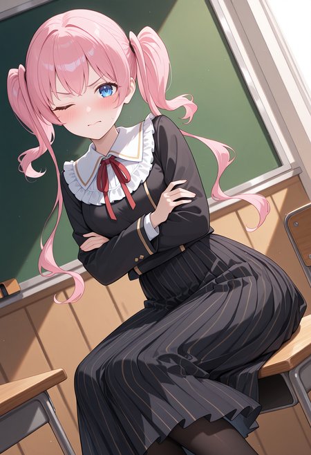 highres, best quality, masterpiece, classroom, 
1girl, solo, rlpmugi, pink hair, long hair, twintails, blue eyes,
school uniform, black jacket, frilled collar, neck ribbon, red ribbon, pinstripe skirt, black skirt, long skirt, pleated skirt, black pantyhose,
looking at viewer, blush, angry, one eye closed, closed mouth, 
crossed arms, sitting, dutch angle, 
<lora:_tsumugi_pcr-elesico-ilxlB:1>