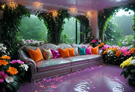 Light mood masterpiece photography, realistic, realistic photograph, large living room, glitter, crystal chandelier, rain inside living room,  floor is water, flowers, trees, indoors, pond, wet flowers, glitter flowers, damp, pond inside living room, luxurious living room, room, sequin pillows, Lisa Frank inspired, rainy scene indoors, fancy furniture, Lisa Frank colors, purple walls, vines on walls, Lisa Frank inspired, bedazzled lamps, stained glass windows, disco ball, maximalism, orange couch pillows, flowers on couch, maximalist room, three couches soft rug, neon rug, like room from Howl's Moving Castle, beaded curtains, crystal room decor, lots of clothes, 2000s, fuzzy beanbag, armchair, silver armchair, books