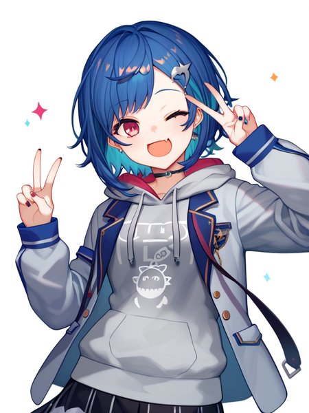 <lora:Chigusa NishizonoPDXL_v1:1>Chigusa NishizonoPDXL, 1girl, virtual youtuber, fang, solo, grey hoodie, v, one eye closed, hood, skin fang, jacket, skirt, smile, score_9, score_8_up, score_7_up, score_6_up, score_5_up, score_4_up,