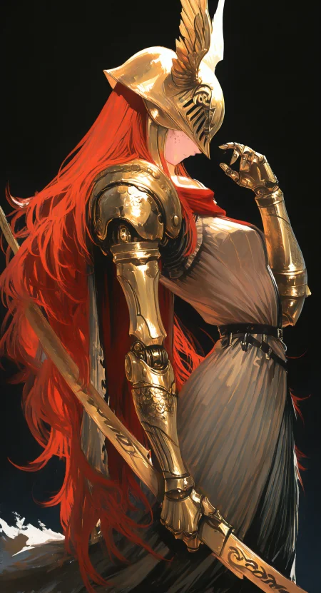 malenia blade of miquella, 1girl, solo, long hair, simple background, holding, closed mouth, very long hair, weapon, red hair, sword, holding weapon, cape, armor, from side, holding sword, traditional media, helmet, black background, covered eyes, mechanical arms, prosthesis, single mechanical arm, prosthetic arm, winged helmet，
arched back, hand up, masterpiece, best quality, good quality, very awa, very aesthetic, absurdres, newest, (perfect details), usnr, brushstroke, oil painting \(medium\), chiaroscuro
<lora:illustriousXL_stabilizer_v1.23:0.3> <lora:ppw_v7_noobVv1.0:0.7> <lora:USNR STYLE_XL_lokr:1.0> <lora:noobai_vpred_1_style_painterly_v1.1:1.0>
