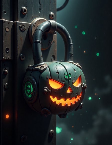 4k photo of a sifi halloween a rusty padlock on a door hinge, dynamic composition, cinematic lighting, studio quality, in the style of hall0w33n