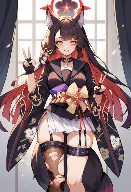 score_9, score_8_up, source_anime, 1girl, solo, WakamoDefault, animal ears, tail, multicolored hair, long hair, halo, choker, black sailor collar, black kimono, short kimono, wide sleeves, floral print, obi, white skirt, fingerless gloves, thigh strap, single thighhigh, torn thighhigh, fishnet thighhigh, indoors, smile, fox shadow puppet, <lora:ChamKosakaWakamoPonyXL:1>