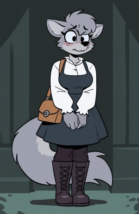 1girl, toon \(style\), flat color,
<lora:Chloe:0.9> chl0e, freckles, black eyes, grey fur, furry, snout, wolf ears, wolf tail, looking at viewer, big eyes, expressive eyes,
mori girl, long sleeve blouse, pinafore dress, pantyhose, lace-up boots, shoulder bag paws, digitigrade, 
standing, head slightly bowed, soft smile, sad, soft lighting,
 <lora:knuxze:0.9> knuxze, extremely detailed, highres, masterpiece, best quality