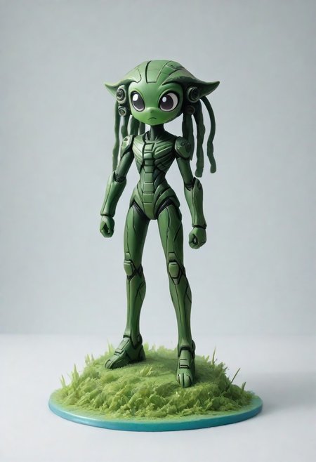 zPDXL3, extremely detailed masterpiece, dynamic, awesome quality, clay figurine, funny green alien, amazing, incredible detail, big head, black eyes, Martian, no clothes, cute