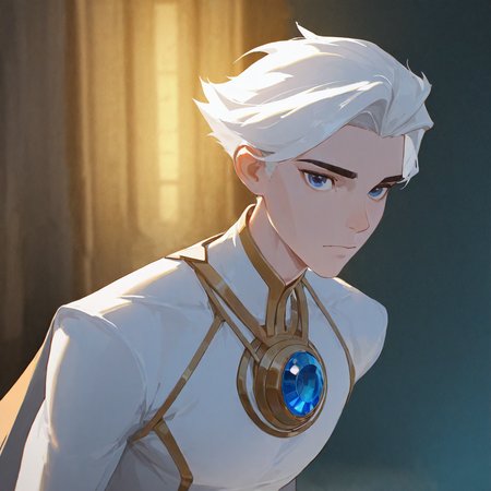 <lora:NICE:1>mr_nice, solo, looking at viewer, short hair, 1boy, closed mouth, jewelry, upper body, white hair, male focus, blurry, cape, dark blue eyes, blurry background, expressionless, gem, brooch, gold trim, robe, blue gemstone, white robe, shirt, white shirt, detailed background, motion blur, film grain, abstract, natural lighting, fantasy, cinematic, dynamic view, tilted angle, very awa, masterpiece, best quality, absurdres, newest, perfect quality, detailed background, intricate details,  (artist:fl \(l-fl\):0.7), (artist:tooboshoo:0.7), (artist:dizdoodz:0.8)