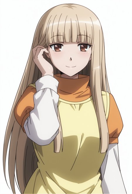 score_9, score_8_up, score_7_up, source_anime, (white background:1.2) ,BREAK, 1girl, solo, <lora:DX888Kashiko:1>, misumi kashiko,  brown eyes, blonde hair, long hair,  . layered sleeves, dress, adjusting hair,  smile,