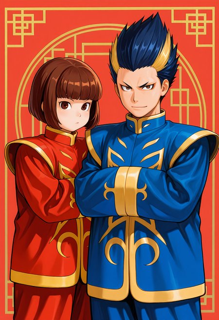 masterpiece, best quality, amazing quality, 2boys, chinese dragon background, <lora:cfg_scale_boost:0.6>  <lora:Jin_Chonshu_and_Jin_Chonrei_-_Fatal_Fury_-_ILXL:1> ADDBASE
2boys, male, jin_chonshu, brown hair, bob cut, brown eyes, red clothes, chinese clothes, ADDCOL
2boys, male, jin_chonrei, multicolored hair, spiked hair, brown eyes, blue clothes, chinese clothes,