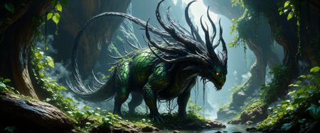 high fantasy style, venturing into the heart of the dense jungle planet "underton v", the galactic explorer might encounter the majestic and enigmatic "gelatinous jabberlumberer", its (iridescent scales:1.3) make it stand out in its environment, while the enormous horns on its tail pulse hypnotically with elminstered energy warning would-be predators of its dangerous poison, extremely detailed and intricate background, hkevil, style of franz xaver winterhalter, aidmamj6.1, <lora:style-beauty_in_evil-flux-by_hailoknight:0.64> <lora:style-franz_xaver_winterhalter-flux-by_tangbohu:0.4> <lora:style-fantastic_landscapes-flux-by_artifyai:0.64> <lora:midjourney_61-v0.2-flux-by_aidma:0.8>
