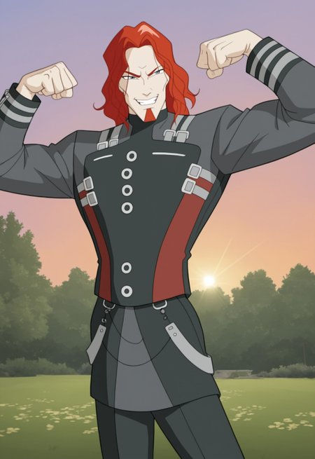 safe_pos, safe_pos, score_9, score_8_up, rating_nsfw, ultra hd, absurdres, best quality, masterpiece, masculine, solo, 1boy, 1male, male focus, best anatomy, best eyes, best hands, sexiest man alive, erotic, gay porn, 

WinxOgron, cartoon, cartoon art style, red hair, goatee, facial hair, military uniform, uniform, flexing muscles, showing off, toothy grin, flirty look, park background, sunset lighting
