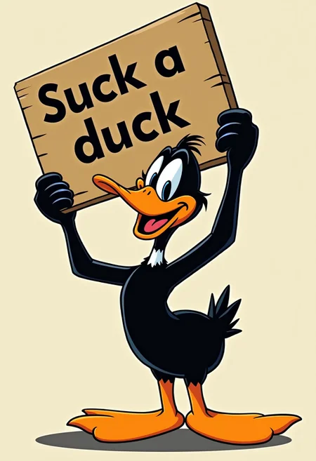 Cartoon Daffy duck holding up a sign that says "suck a duck"