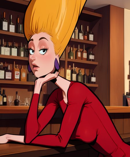 Piklez,upward hair,large blonde hair,black eyes,bored expression,
red dress,earrings,leaning forward,
upper body,
bar,sitting,
(insanely detailed, beautiful detailed face, masterpiece, best quality)solo,<lora:Pickles-10TO:1>,