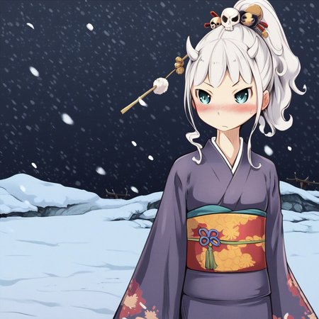 s0z0m4r0r31j1,score_9,score_8_up,score_7_up,score_6_up, solo, 1girl, adult, slim, white hair, ponytail, japanese clothes, horns, kimono, blush, obi, sash, hair ornament, skull hair ornament, japanese fectival, night, snow,