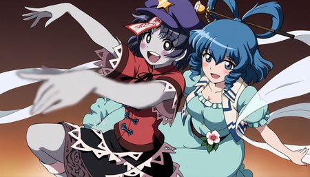 masterpiece,best quality,<lora:tgm-noob05:1>,anime coloring,
multiple girls,miyako yoshika,2girls,kaku seiga,open mouth,hair stick,hagoromo,ofuda,short sleeves,blue hair,red shirt,hair ornament,dress,hat,hair rings,star (symbol),blue dress,shawl,cabbie hat,blue eyes,vest,jiangshi,outstretched arms,ribbon,shirt,hat ornament,white vest,star hat ornament,short hair,black ribbon,skirt,black skirt,socks,bangs,neck ribbon,looking at viewer,zombie pose,puffy sleeves,smile,full body,puffy short sleeves,purple hair,chinese clothes,purple headwear,medium hair,blue headwear,blush,lace-trimmed sleeves,tangzhuang,bright pupils,collared vest,teeth,lace trim,hair between eyes,black eyes,breasts,drill locks,open clothes,:d,