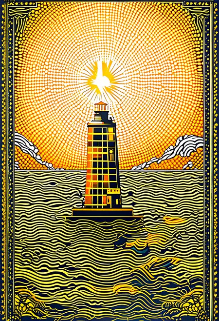 Pointillist style with small, distinct dots of color that blend together to form an image, very beautiful insanely detailed image of glowing seascape lighthouse in golden October". beautiful golden mountains, bright dark yellow ornate sun, by Victo_Ngai, Oleksandra Ekster, Malevich, Vladyslav Yerko and Alexander Jansson, Vladyslav Yerko! Very Complex perfect elegant composition! linen gesso acrylic paper, epic Dramatic lighting! Razor-sharp quality insanely detailed, deep colors realistic masterpiece, small dots, distinct, blend together, dotted, intricate, optical illusion, vibrant, detailed