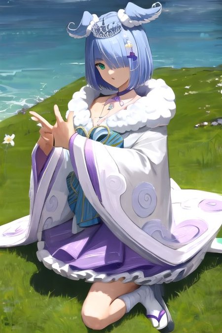 solo, 1girl, solo_focus, (((masterpiece))), ((best quality)), ((ultra-detailed)), high resolution, absurdres, highres, ultra-detailed 8k unity wallpaper, 
elira2st, tiara, japanese clothes, grey kimono, wide sleeves, single thighhigh, purple skirt, off shoulder, necklace, fur trim, thigh strap, tabi, sandals, purple nails