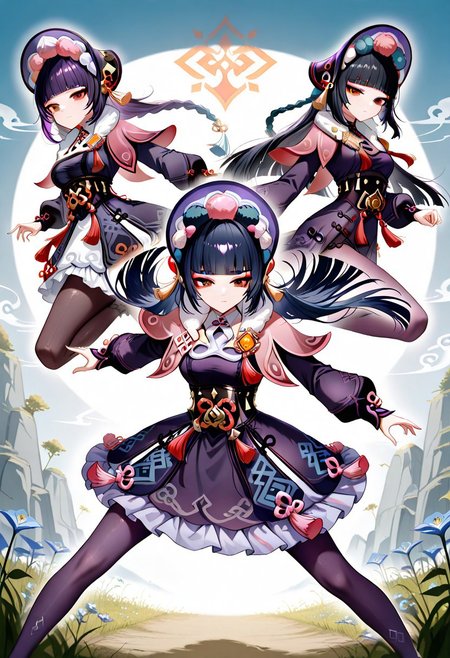 GSYunJin, long hair, breasts, black hair, hair ornament, red eyes, medium breasts, blue hair, braid, purple hair, multicolored hair, blunt bangs, twin braids, makeup, tassel, eyeshadow, hime cut, red eyeshadow,
long sleeves, dress, hat, pantyhose, frills, puffy sleeves, black dress, black pantyhose, fur trim, black headwear, capelet, frilled dress, multicolored clothes, puffy long sleeves, purple dress, pom pom (clothes), corset, fur collar, vision (genshin impact), purple headwear, bonnet, flower knot, purple pantyhose, black corset, pink capelet, multicolored headwear,
dynamic pose,