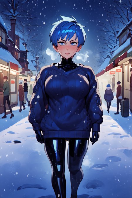 sweater  <lora:latex_under_clothes:1> latex under clothes, latex body suit, sweaty, steamy body, short tomboy hair, big boobs, <lora:RD-MAnon-XLV1.1:1> walking donw town, in winter, snowing, breath fog, blue hair and eyes, walking away from viewer, public space, charismas, source_anime, score_9_up,  score_7_up, score_8_up