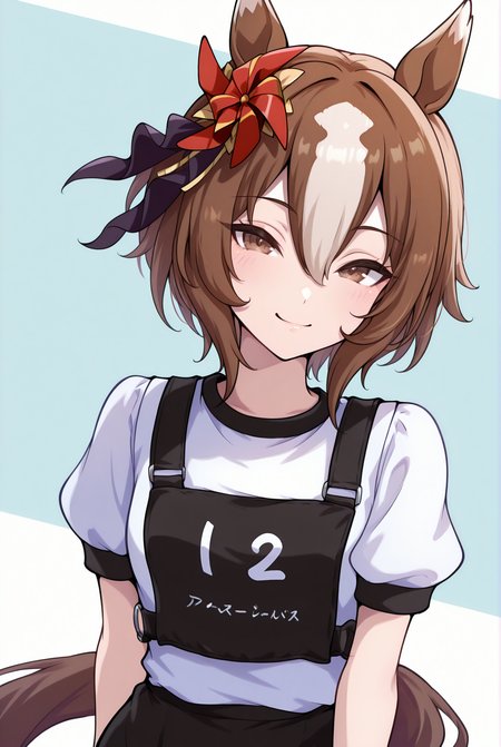 (masterpiece, best quality, newest, absurdres, highres),
dutch angle, looking at viewer, smile, number on vest is 20,
ynmtk, horse ears, horse tail, small breasts, brown eyes, two-tone hair, brown hair, white hair, hair between eyes, short hair, pinwheel hair ornament, umaRace, black shorts, white gym shirt, puffy short sleeves, black race vest, upper body,
<lora:Hoseki_UmaMusume_YaenoMuteki_IllustriousXL_v1:1> <lora:UmaRaceILV1:1>