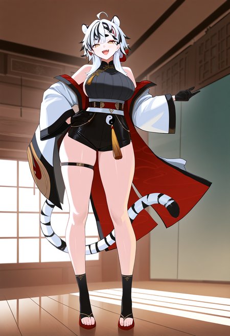 very awa, masterpiece, best quality, year 2024, newest, highres, absurdres, <lora:age_slider_v4:3> <lora:thicc_v1.4-pony:1.2>,detailed_background,indoors,socks,black shorts,open mouth,gloves,sandals,facial mark,solo,standing,black gloves,toeless footwear,animal print,short eyebrows,two-tone hair,ahoge,fang,thick eyebrows,tiger girl,black hair,hand on own hip,hair ornament,einheadt,full body,absurdres,multicolored hair,highres,smile,shorts,tiger tail,tassel,yellow eyes,streaked hair,black socks,tail,thigh strap,animal ears,white hair,braid,yin yang,looking at viewer,1girl,wide sleeves,:d,tiger ears