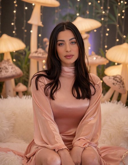 A woman sits on a cloud-soft, white couch, surrounded by a whimsical garden filled with glowing mushrooms and fireflies. The camera is positioned directly above her, looking down at her from a low angle. She gazes out at the viewer with a warm, gentle smile. She wears a turtleneck flowing gown made of lightweight, pastel-hued silk.