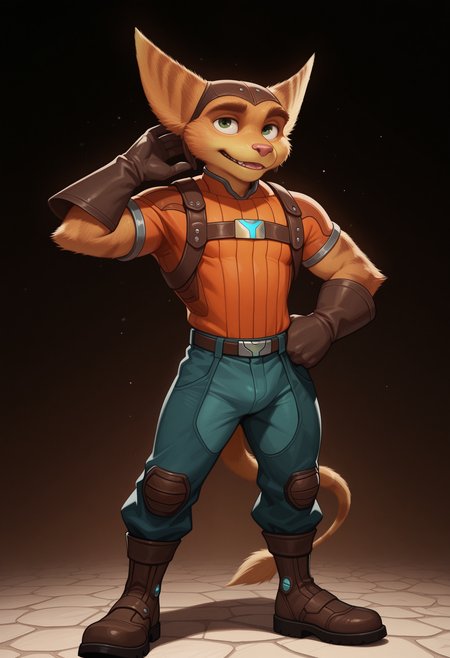 masterpiece, best quality, amazing quality, 1boy, solo, RatchetRC, Harness, Orange Shirt, Hat, gloves, boots, pants, tail