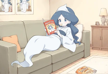 1girl, solo, transparent, monster girl, ghost tail, triangular headpiece, long hair, blue hair, parted bangs, blue eyes, pale skin, japanese clothes, obi, long sleeves, wide sleeves, lying, on back, indoors, holding magazine, eating potato chips, couch, living room  <lora:ghost_girl_moses:1>, masterpiece, best quality, amazing quality, very aesthetic, absurdres, highres, newest