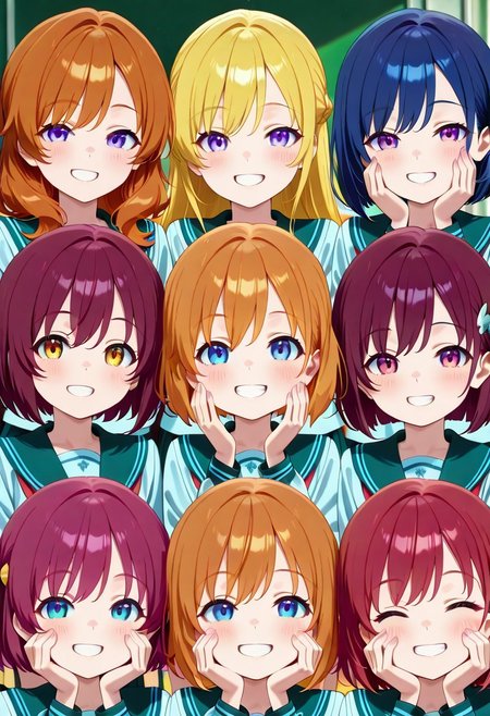 masterpiece,best quality,amazing quality,very aesthetic,absurdres,newest, huge filesize,
BREAK 
anime screenshot, anime coloring, flat color,
school uniform,
blush,grin,
BREAK 
lineup,
grabbing own face,(cheek press,cheek squeeze together:1),
  shiny skin, 
class room,
close up,
looking at viewer