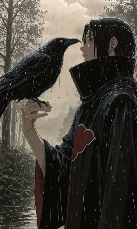 masterpiece, best quality, amazing quality, very aesthetic, absurdres, highres, newest, scenery, anime coloring, sepia, vintage,  
1boy, solo, uchiha itachi, black hair, sidelocks, red eyes, detailed eyes, hair behind ear, low ponytail, 
akatsuki uniform, black trenchcoat, high collar, red lining, red trim, hand up, black crow, crow on arm, facing another, 
forest, trees, plants, overcast, foggy, fog, cloudy sky, raining, heavy rain, water droplets, waterdrops, dripping water, cinematic composition, dramatic
