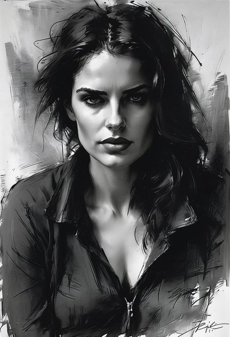 Beautiful woman 3/4 body 30 y.o. An expressionist charcoal sketch, intense, soulful, emotional strokes bring out her depth and intensity, by Pino Daeni, Mysterious