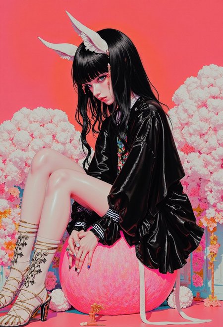 Japanese girl wearing white cat ears, long eyelashes, long black bob, white ears with red bow, black dress with white collar, black and white striped stockings, sitting on a pink bouncyball,Golden coral,white grunge, in profile, side view, surrealism, pencils, fashion illustration, gradient magenta and teal background, avant-garde, vivid colors, filigrie, photorealistic rendering, mody chiaroscuro lighting