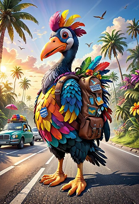 Illustrate a whimsical scene of a colorful Dodo bird backpacker hitchhiking along a vibrant, bustling highway. The Dodo bird, adorned in a quirky assortment of mismatched backpacking gear, stands at the edge of the road, its bright plumage catching the eye of passing motorists. The backpacker's oversized, cartoonish backpack is adorned with patches from various destinations, hinting at a life of adventure and exploration. A rainbow of feathers adorns the Dodo's crest, adding a playful touch to its already eccentric appearance. The backdrop is a lively stretch of road, lined with towering palm trees, exotic flowers, and bustling traffic. The sun hangs high in the sky, casting a warm, inviting glow over the scene. The Dodo bird's expression is one of hopeful anticipation, as it eagerly awaits a ride to its next destination.