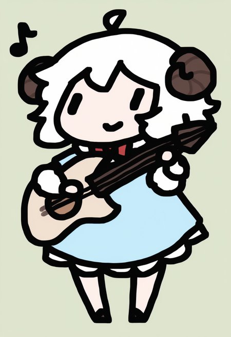 chibi, masterpiece, best quality, <break> full body, solo, 1girl, smile, holding instrument, holding guitar, musical note, white hair, short hair, ahoge, messy hair, sheep horns, sheep girl, bowtie, light blue dress, frills, puffy sleeves