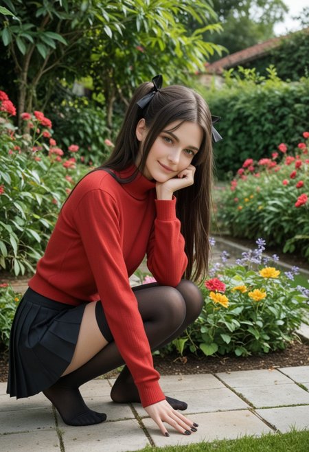 score_9_up, score_8_up, score_7_up, score_6_up, 1girl, 25 years old, perfect face, (adult), sexy, 
green eyes, looking at viewer, 
black hair, long hair, hair intakes, two side up, hair bow, black bow, 
red sweater, turtleneck sweater, long sleeves, cross, black nails, 
black skirt, pleated skirt, 
black thighhighs, no shoes,
elbow rest, closed mouth, feet, from side, full body,
hand on own chin, head rest, squatting, tiptoes,
garden, flowers, shy smile, blush,