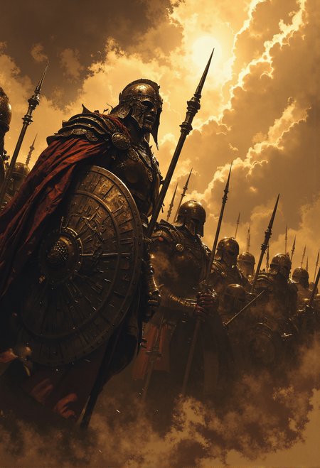close-up of a high-resolution action scene of a phalanx formation, soldiers standing in a tight line, bracing against the onslaught of a fierce sandstorm. The warriors' massive shields lock together, forming an unbreakable wall of metal as they hold their long spears at the ready. The sandstorm swirls violently around them, grains of sand whipping through the air, obscuring the battlefield and darkening the sky. The sun struggles to break through the thick, swirling clouds of sand, casting only faint, dramatic beams of light that illuminate the soldiers in a golden, dusty glow.  At the front, the commanding officer stands tall, his face half-hidden by the chaos of the storm. He shouts a powerful, rallying war cry, his voice barely cutting through the howling winds, yet still carrying a sense of determination and unity. The soldiers, faces grim behind their visors, hold fast, their shields battered by the storm but unyielding.  The scene is dynamic and tense, with the sandstormâs fury contrasting against the calm, disciplined resolve of the soldiers. The storm rages around them, but the light from the struggling sun highlights the grit, courage, and defiance of the unit, standing strong against both the elements and the impending battle. <lora:FredFraiStyle-FLUX-Share.safetensors:0.5>, <lora:Magic_of_Art_(FLUX).safetensors:0.5>, <lora:Elden_Ring_-_Yoshitaka_Amano.safetensors:0.75>, <lora:- Flux1 - soothing_atmo_V2.0.safetensors:0.15>,