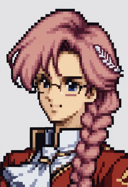 score_9, score_8_up, score_7_up, source_anime, 1girl, solo, smile,
<lora:zs_FE4PortraitsXL:1> fe4portraits, portrait, pixel art, white background
emmathors, ascot, blue eyes, braided ponytail, breasts, glasses, long hair, pink hair, red jacket, single braid, large breasts, <lora:emma-rebake3:0.9>
