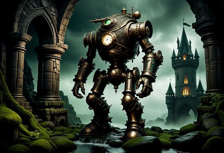 giant bipedal robot dirty cream and dark green, bronze paisley robot. lacy robot metal. diving helmet head. outside of a steampunk keep. large detailed torso. dark image. one forty foot tall ancient robot with great arms and two heavy spring legs. dark foggy night background. $dark foggy night image only. dark photo realistic image. steampunk details. cogs, chains and pipes incorporated in the fantasy buildings. magic wizards tower in background. Dark swamp, moss, castle ruins, wizards tower. stormy dark night.  stormy sky.